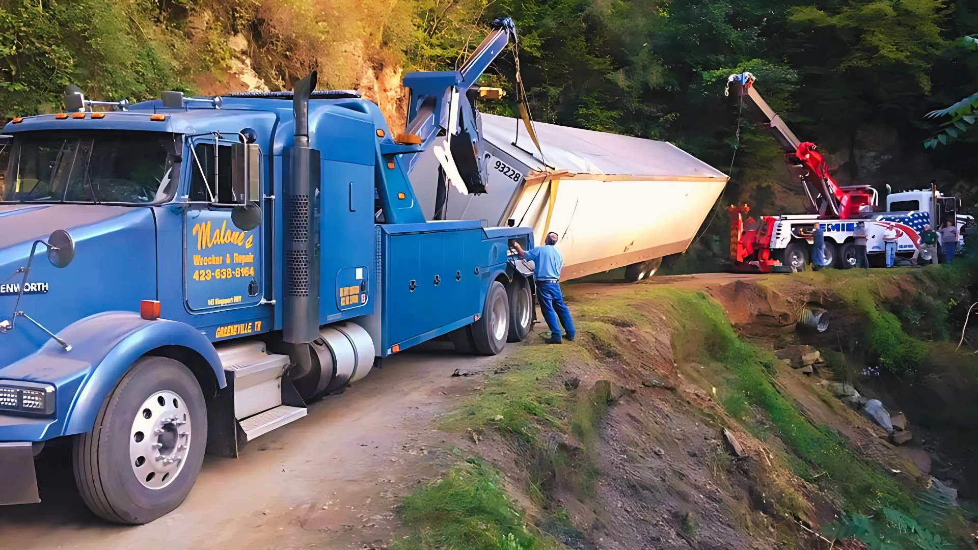 A blue Malone’s Kenworth heavy wrecker on a narrow mountain road, recovering a trailer that has gone over the edge.